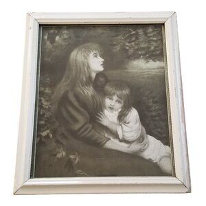 Antique Sisters Print Lithograph  in Old Wood Frame with Glass